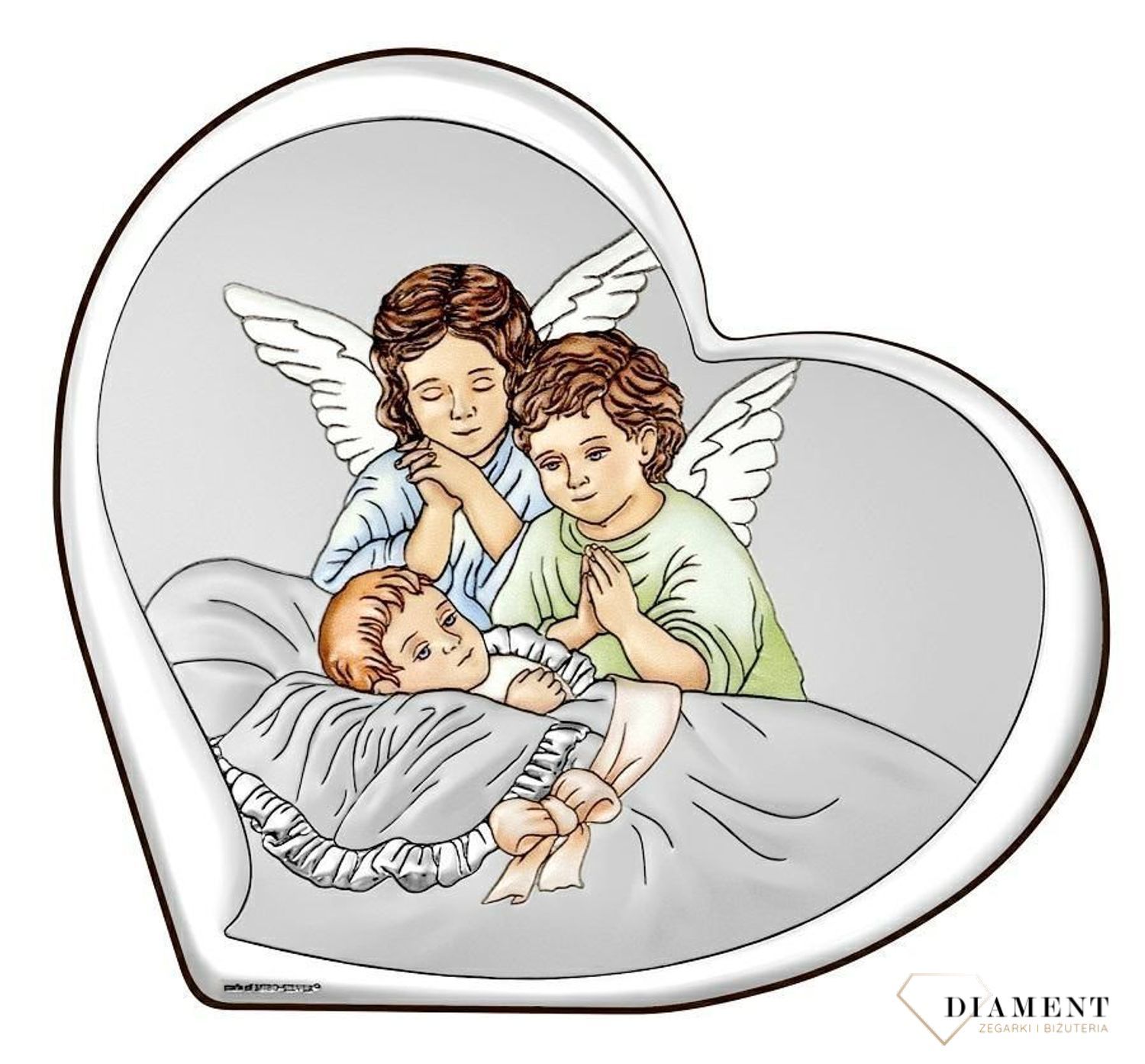 Piękny obrazek w kształcie serca,Pamiątka Chrztu Św. Aniołki 6450.1 COL. Obrazek na chrzciny. Kolorowy obrazek z aniołkami. Obrazek srebrny z grawerem gratis..jpg